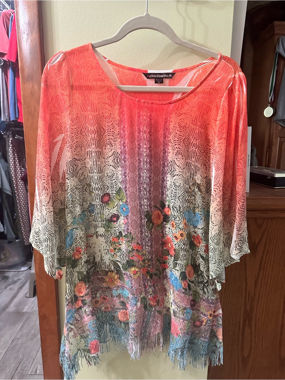 Floral Ombre Fringe Tunic Top - Coral Pink swimsuit, cover or share top NWOT